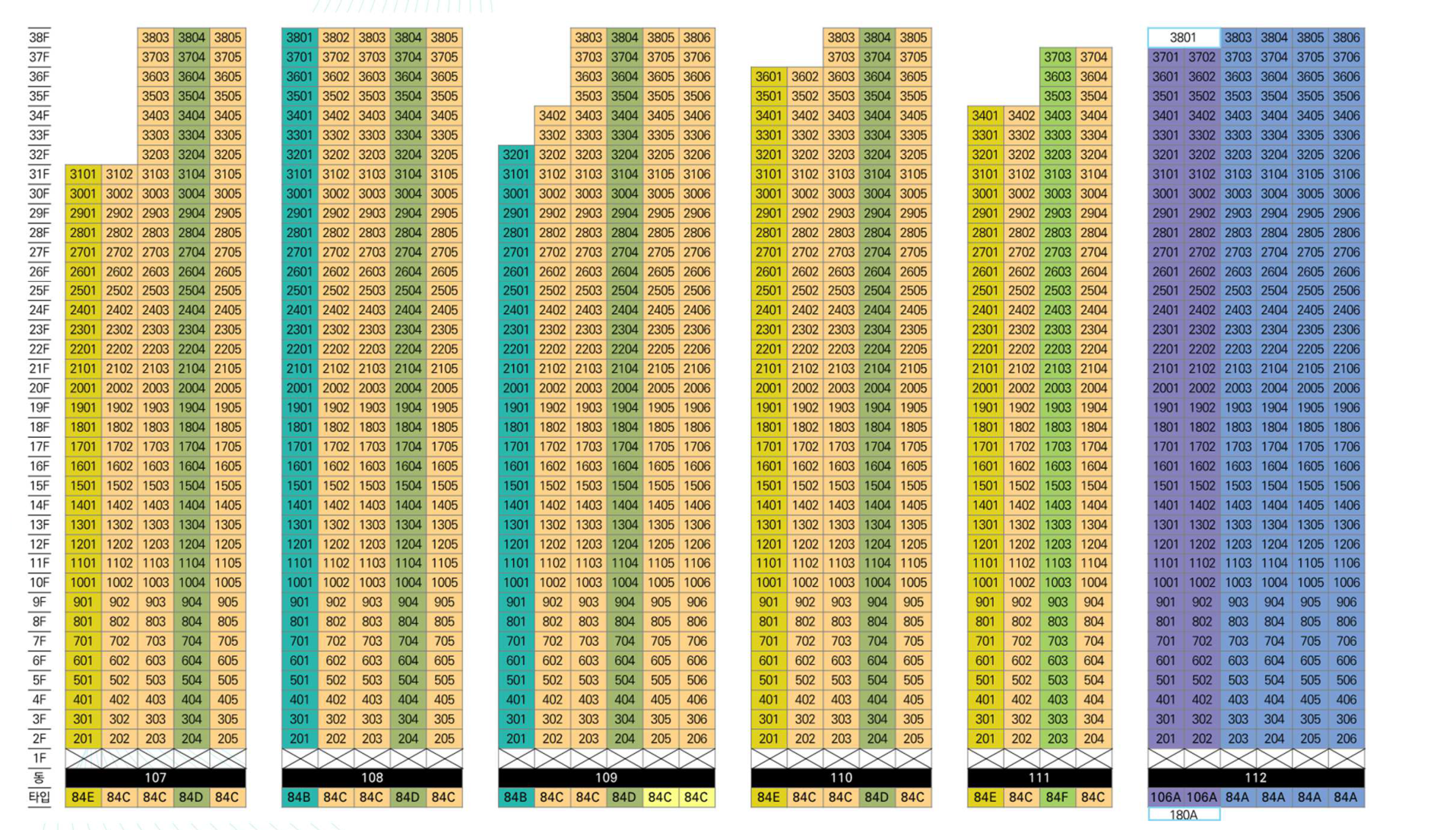 107동 ~ 112동 동호수배치도